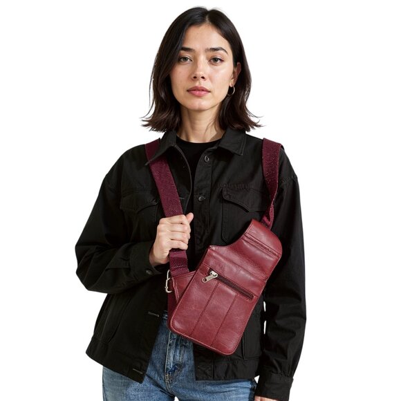 Vintage Burgundy Leather Chest Sling Crossbody Bag – Unisex Travel Utility Style - Picture 1 of 8